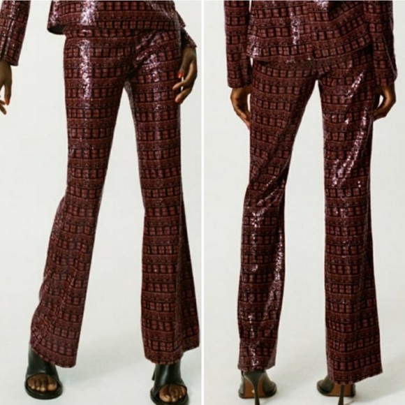 Zara Sequin Multicolor Wide Flare Leg Button Shiny Trouser Pants Sz S NWT - Picture 1 of 9
